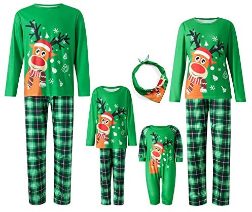 CocMouse Ensemble de Pyjama Adulte Assorti pour la Famille avec Haut Imprimé Lettres et Pantalon à Carreaux pour Toute la Famille, Pyjama de Noël (Femme, XXXL, A), Vert, 3XL