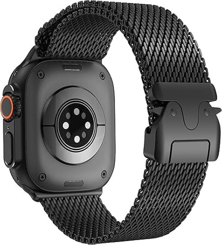 JJii Sung Original Black Milanese Straps Compatible with Apple Watch Band Ultra 2/Ultra, SE, Series 10/9/8/7/6/5/4 49mm 46mm 45mm 44mm, Parachute Buckle Stainless Steel Metal Straps for iWatch