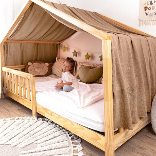 lilimaus Hausbett Himmel mit Gold Applikation [in 12 Farben] Betthimmel Hausbett aus 100% Baumwolle Musselin - Stoffhimmel für Hausbett Deko Mädchen & Jungen - Himmel für Hausbett Kinderbett Vorhang