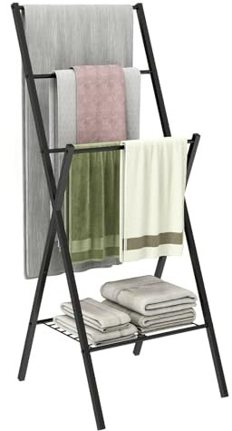 ELwPet Freestanding Towel Rack,43.7’’Tall 4 Layer Towel Holder, Blanket Ladders for Living Room,Bathroom,Blanket Rack with Storage,Black
