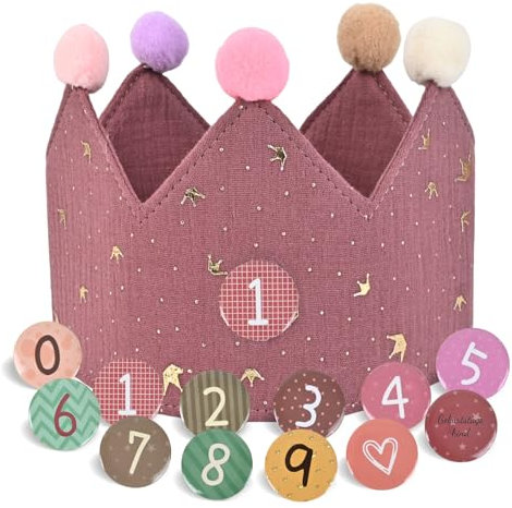 JOYUE Geburtstagskrone für Kinder, Geburtstagskrone aus Stoff mit Klett-Buttons Auswechselbaren Zahlen von 0-9, Unisex Krone für Kinder Geburtstag Party Supplies (Karminrot)