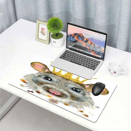 QRFASFZO Gaming Mouse Pad,Extra Large Mouse Mat 12x31.5 in,Watercolor portrait of rat with golden crown,with Non-Slip Rubber Water-Resistant,for Home Office Gaming Room