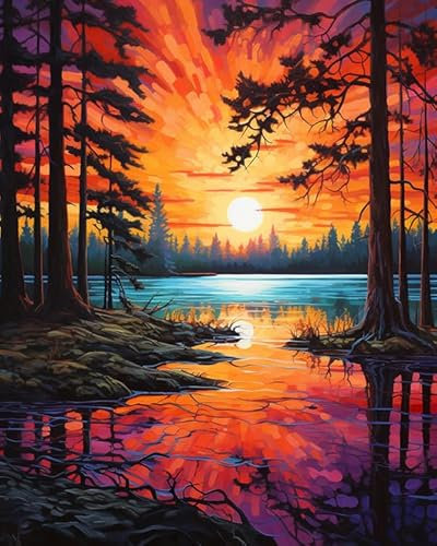 PIPISKY Malen-nach-Zahlen-Sets auf Leinwand,Bäume im See bei Sonnenuntergang,DIY-Ölgemälde-Acrylfarben,Geschenk zur Heimdekoration,40x50cm,Ohne Rahmen