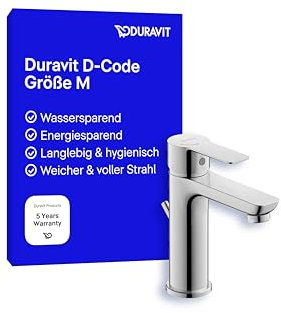 Duravit D-Code Waschtischarmatur, Größe M (Auslauf Höhe 167 mm), energiesparende Waschbecken Armatur (FreshStart), wassersparender Wasserhahn Bad (MinusFlow), mit Zugstangen-Ablaufgarnitur, Chrom