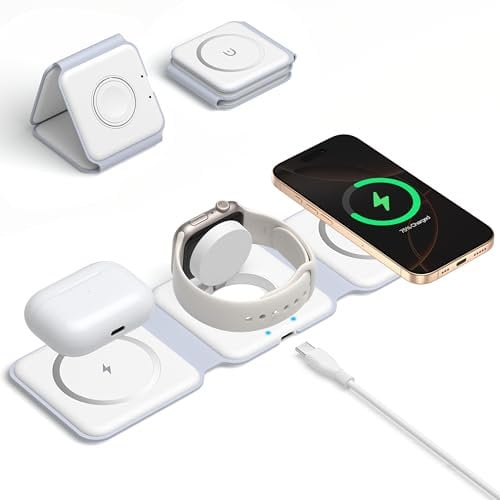 Mag-Safe Ladestation iPhone Wireless Charger, 3 in 1 Faltbare Induktive Ladestation für Apple Watch 10 9 Ultra 8 7 SE und iPhone 16 15 14 13 12,AirPods, Kabelloses Ladegerät iPhone Induktionsladegerät