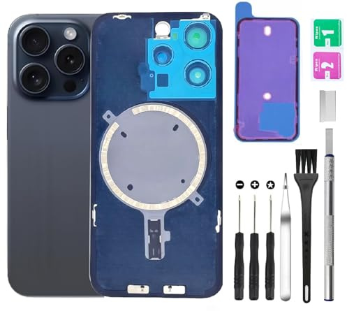 Rear Back Cover Glass Replacement for iPhone 15 Pro Back Glass + Camera Lens + Magnet + Iron Piece Holder with Repair Tool Kit (Blue)