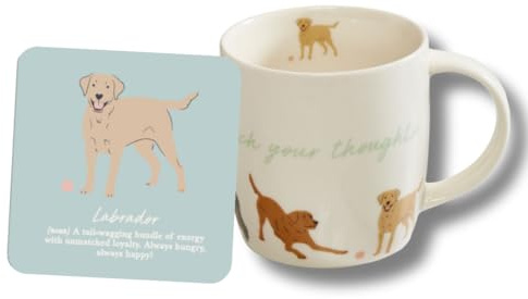 Cute CREATIONS Dog Design Mug with Matching Coaster, 350ml Cup & Drink Coaster Gift Set for Dog Lovers – Ceramic Tea & Coffee Mug with Cute Pet Design (Labrador)