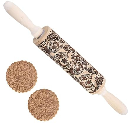 SSyang Mattarello di Natale,Mattarello Decorativo per Biscotti,Natale Goffratura Mattarello con Motivo Natalizio in Legno Incisione 3D Rolling Pin per Impasto, DIY Biscotti,35 * 4.5CM