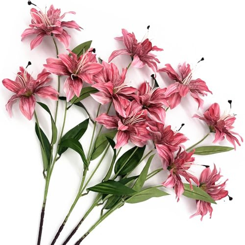 Artifical Lily Flowers Full Bloom Silk Flower Long Stems 4 Pack, Fake Stargazer Lilies Bundles Faux Tiger Lily Floral Plant for Wedding Bouquet Home Hotel Office Vase Arrangement Party Decor - Pink
