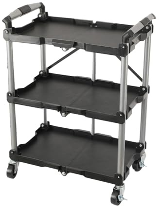 NICCOO 3-Tier Folding Tool Trolley, 165lb Capacity Service Cart with Wheels, Workshop Trolley & Rolling Service Utility Cart for Warehouse, Home, Office - No Assembly, Compact Fold & Brakes
