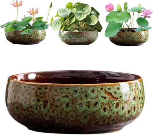 Ceramic Lotus Flower Bowl Planter, Glazed Leak-Proof Hydroponic Pot for Indoor Plants Succulents, Decorative Water Plant Container for Home Office Desk, Green Blue, 17x6.4cm, 1-Pack (Green)