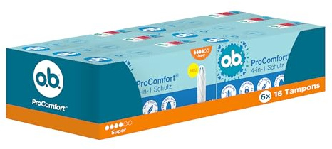 o.b. ProComfort super 4-in-1 Schutz Tampons, 6 x 16 Stk | Tampons mit extra sanfter Spitze für einfaches Einführen und bis zu 100% Auslaufschutz ideal für Sport und Alltag