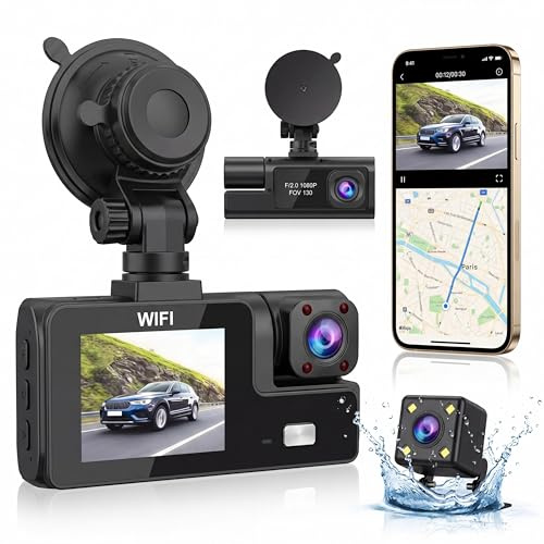 Videocamera Dashcam a 3 telecamere 1080P Full HD | Massima sicurezza a 360° senza angolo morto, visione notturna e parcheggio sorvegliato, WiFi integrato, rilevamento movimento, ideale per conducenti