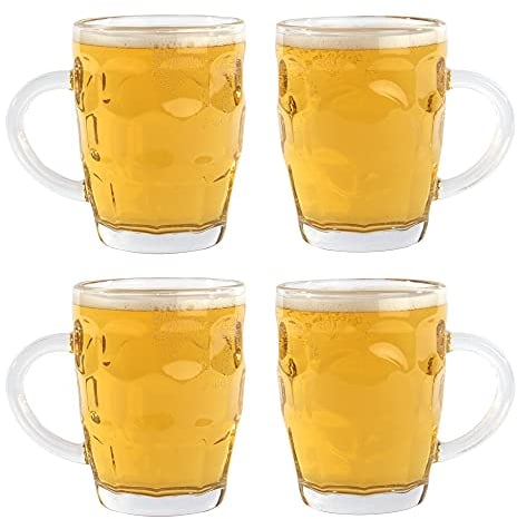Glass Beer Tankards - Set of 4 | Old Fashioned Drinking Glasses | Perfect for Garden Bar & Home Drinking | Pint Size Tankards | M&W
