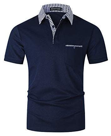 GHYUGR Herren Poloshirt Kurzarm Polohemd klassisch Karierte Spleiß Polo Tasche T-Shirt,Blau,L