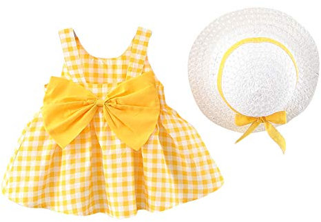 Robe d'été pour bébé fille - Sans manches - Motif floral - Nœud à fleurs - Avec chapeau de paille, Noeud jaune, 80 cm