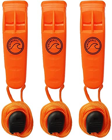 SwimCell Emergency Whistles – Waterproof Whistle For Swimming, Hiking and Survival. Extra Loud >85 dbl, 2 Tone, Pealess, Plastic Safety Marine Use With Lanyard And Clip. Pack of 3 - Orange