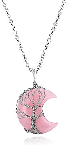 Arbre de Vie Pendentif Fil Enveloppé Croissant Lune Collier Cristal Reiki Pierre Colliers Pierres Précieuses Naturelles Quartz Bijoux Cadeau pour Femmes Filles