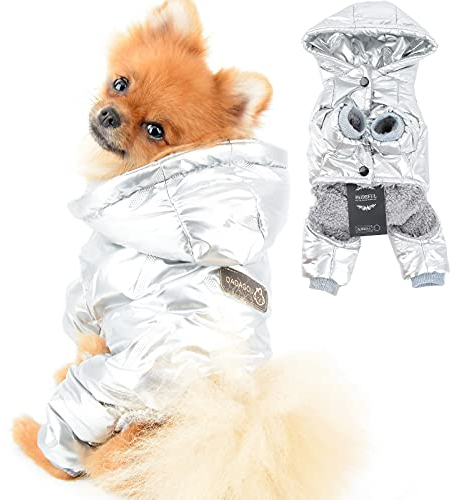PAIDEFUL Wasserdichter Kleiner Hund Wintermantel Kapuzenjacke Puffermantel für Welpen Chihuahua Kleidung Kaltes Wetter Mädchen Jungen Große Katze Bekleidung Haustier Schneeanzug Winddicht Silber S