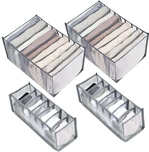 SelfTek 4 Stück Kleiderschrank Kleider Organizer,enthalten 2 Stück großer Jeansfach Aufbewahrungsbox Schrank , BH Organizer,faltbare mesh Aufbewahrungsbox für Unterwäsche,Socken und Jeans
