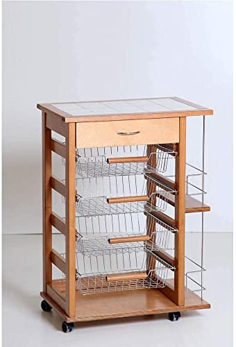 Totò Piccinni Carrellino in Legno da Cucina con Rotelle Mattonelle e Cestelli in Acciaio (con Cassetto e Bottigliera, Rovere)