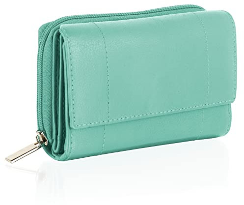 Woodland Leather Porte-Monnaie pour Femme, Petit Porte-Monnaie Protégé RFID en Cuir Véritable avec Poches Zippées pour Cartes et Pièces, Turquoise