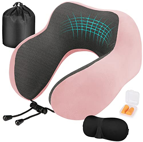 Eono Neck Pillow Memory Foam, Travel Pillow for Neck, Comfortable Neck and Head Support Pillow for Plane Cars Trains Office, Soft Flight Travel Cushion for Sleeping