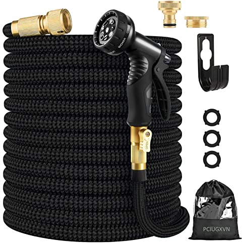 Flexibler Gartenschlauch Erweiterbarer Wasserschlauch mit 10-Brause Adapter aus Messing Aufhänger Bewässerung Gartenarbeit einziehbarer Schwerlastschlauch 4-lagiger Latexkern Anschluss(7.5M, Schwarz)