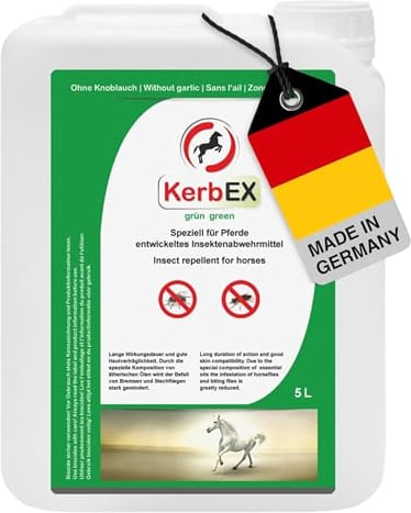 KerbEX grün - 5 Liter - Insektenabwehrmittel für Pferde – Ohne Knoblauch mit spezieller Komposition ätherischer Öle, Schutz vor Bremsen, Mücken, Kriebelmücken und Zecken