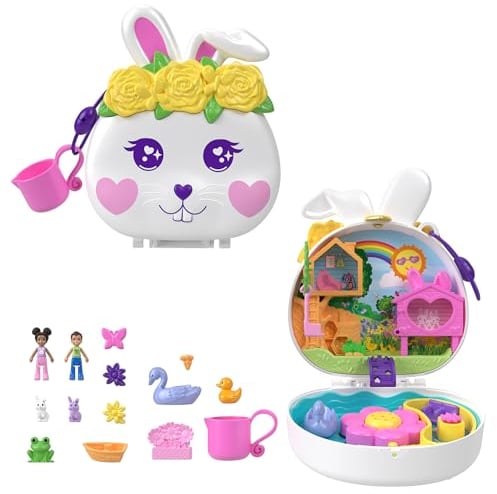Polly Pocket Coffret Jardin Lapin avec 2 Mini-Figurines, 12 Accessoires, 2 Accessoires Qui Changent De Couleur, Jeu D’Eau, Jouet Enfant, Dès 3 Ans, HKV36