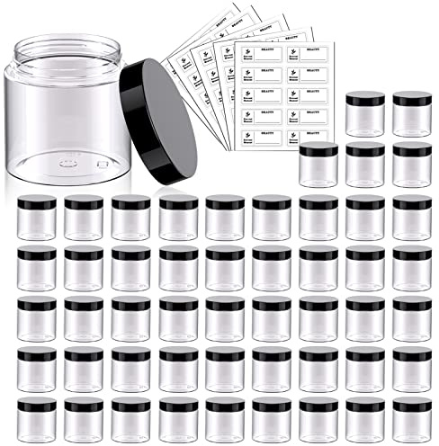 50 Pack 2 OZ Plastic Jars Round Clear Cosmetic Container Jars with Lids, Eternal Moment Plastic Slime Jars for Lotion, Cream, Ointments, Makeup, Eye shadow, Rhinestone, Samples, Pot, Travel Storage
