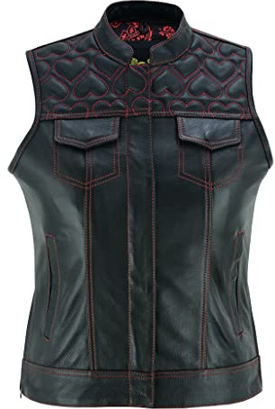 Leatherick Motorradweste aus schwarzem Leder für Damen – traditionelles Paisley-Satinfutter mit rosa Herznähten