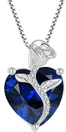 FJ Collier Pierre de Naissance Septembre Collier Saphir pour Femme Argent Sterling 925 Collier Fleur Rose Coeur Bijoux Cadeaux pour Maman Épouse Femme Fille