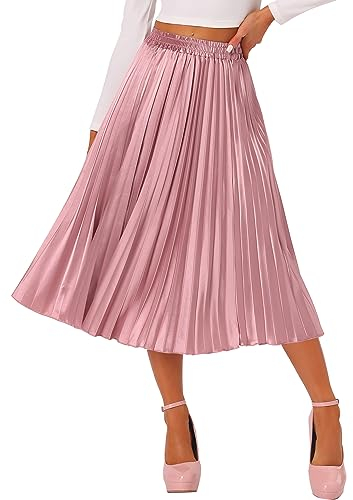 Allegra K Damen Party Elastische Taille Metallic Glänzend Akkordeon Plissee Midi Rock, Pink-1, Klein