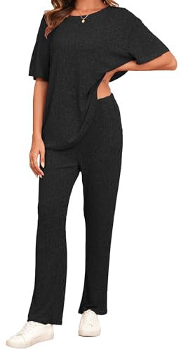 Famulily Short Sleeve Pjs for Women Sets Summer Casual Oversized Tops and Wide Leg Trousers, Lounge Wear Sets Ribbed Knit 2 Piece Outfits Tracksuit (M, Black)