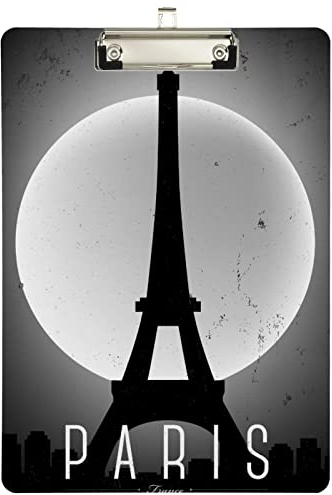 Black White Paris Vintage Poster Design Acrylic Clipboard with Low Profile Clip, 9 x 12.5 A4 Standard Size Wooden Clip Board for Students, Office,Teachers, School, Nurses