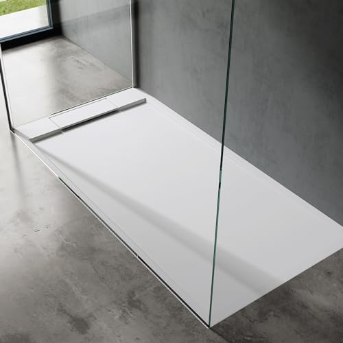 doporro Duschtasse Duschwanne 80x160x4 flach Mineralguss in Weiß inkl. Ablaufgarnitur AL01 DIN-Anschlüsse für bodenebene Montage geeignet Geoma04