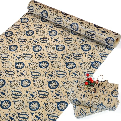 Weihnachtsgeschenkpapierrolle, Vintage Retro Geschenkpapier mit Weihnachtsdeko Kugel-Design für Jungen Mädchen Frauen, Braun Kraft Weihnachten Geschenkpapier für Xmas Neujahr Urlaub Party Decor