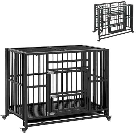 PawHut Hundekäfig, Haustierkäfig, Klappbare Hundehütte für kleine und mittelgroße Hunde, Hundebox mit Doppeltüren, Rollen, Hundehaus, Stahl, Schwarz, 94 x 58 x 78 cm