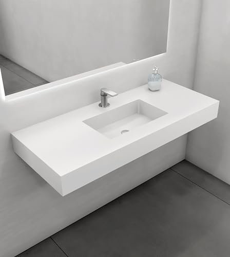 Lavabo Sobre Encimera de Resina Blanco 120x50x12 cm - Encimera para Baño Con Orificio para Grifo - Rectangular Colgante