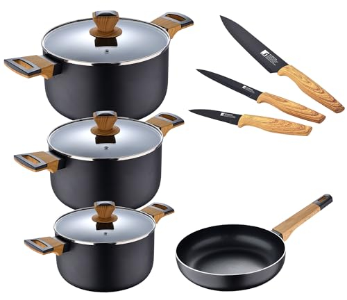 Batería de Cocina de 10 Piezas, 3 cacerolas con tapa + 1 sartén + 3 cuchillos, Fabricada en Aluminio Prensado, BERGNER Earth compatible con Todo Tip
