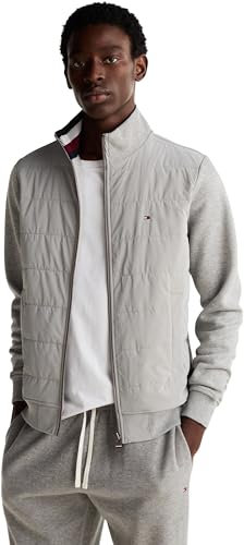 Tommy Hilfiger Herren Sweatshirt mit Reißverschluss Mix Media Zip Thru Stand Stehkragen, Grau (Light Grey Heather), M