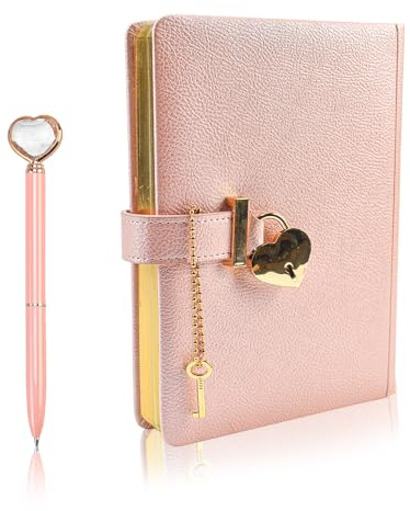 KLYNGTSK Mädchen Tagebuch mit Schloss und Schlüssel Rosa Tagebuch mit Herz Diamant Stift B6 Notizbuch mit Schloss Herzförmiges PU Leder Notizbuch Journal Notebook mit Herz Schloss für Mädchen Kinder