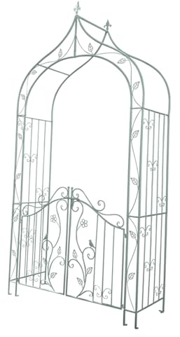 Garden Arch with Gate Distressed High Temperature Baking Paint Pointed Toe Metal Arch Rose Arch for Climbing Plants Roses, Vegetables, Outdoor Decoration ( Color : Old Green , Size : 1.43*0.52*2.84m )