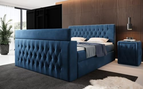 Boxspringbett Velano 200x200 Doppelbett Polsterbett Bett mit TV Lift und Stauraum | Bezug: Samt | Farbe: Blau | Härtegrad: H2 (bis 70kg)
