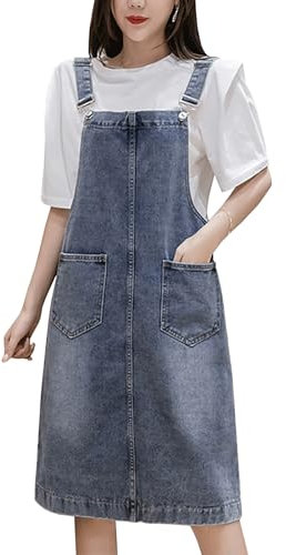 Yishengwan Salopette Gonna Donna Jeans Lunga Vestito Salopette Overall Denim Vestiti con Tasca Blu M