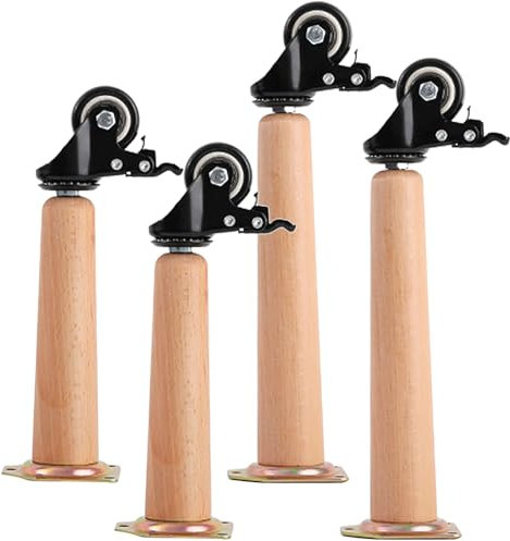 Lot de 4 Pieds de Meubles en Bois Massif,Conique Pieds pour Canapé avec roulettes Pied de Table Bois de Remplacement pour Table d'ordinateur Table de salle à manger (20cm/8in)