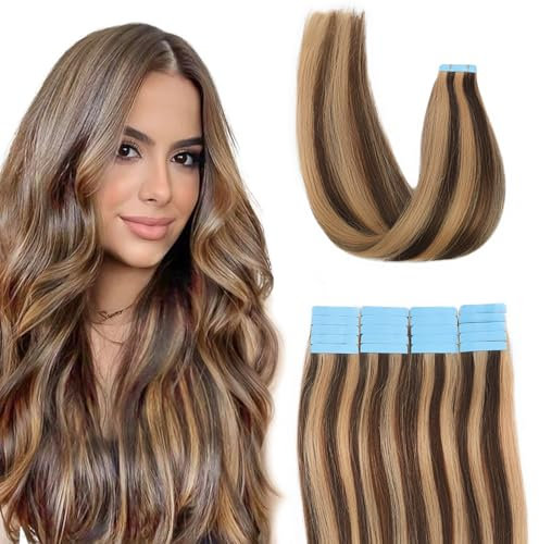 Tape Extensions Echthaar Extensions Echthaar Tape In Extensions Echthaar 40 cm 40g Remy HaarverläNgerung Echthaar Invisible Seidig Gerade Skin Weft 20pcs Mittelbraun Mit Honigblond #4/27
