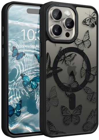 DUEDUE Case for iPhone 15 Pro Max Magnetic【Fit for MagSafe】 Butterfly Design Shockproof Military Grade Drop Protection, Anti-Scratch Translucent Matte Back Case for iPhone 15 Pro Max 6.7, Black