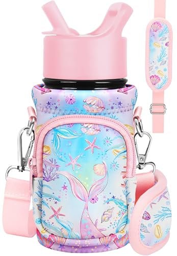 Miss Adola Neoprene Insulated Bottle Carrier - Strap Bags Holder for Kids Boys Girls, Fits 10/12/14/16/18Oz Stainless Steel Glass Bottles, Pk Fishtail